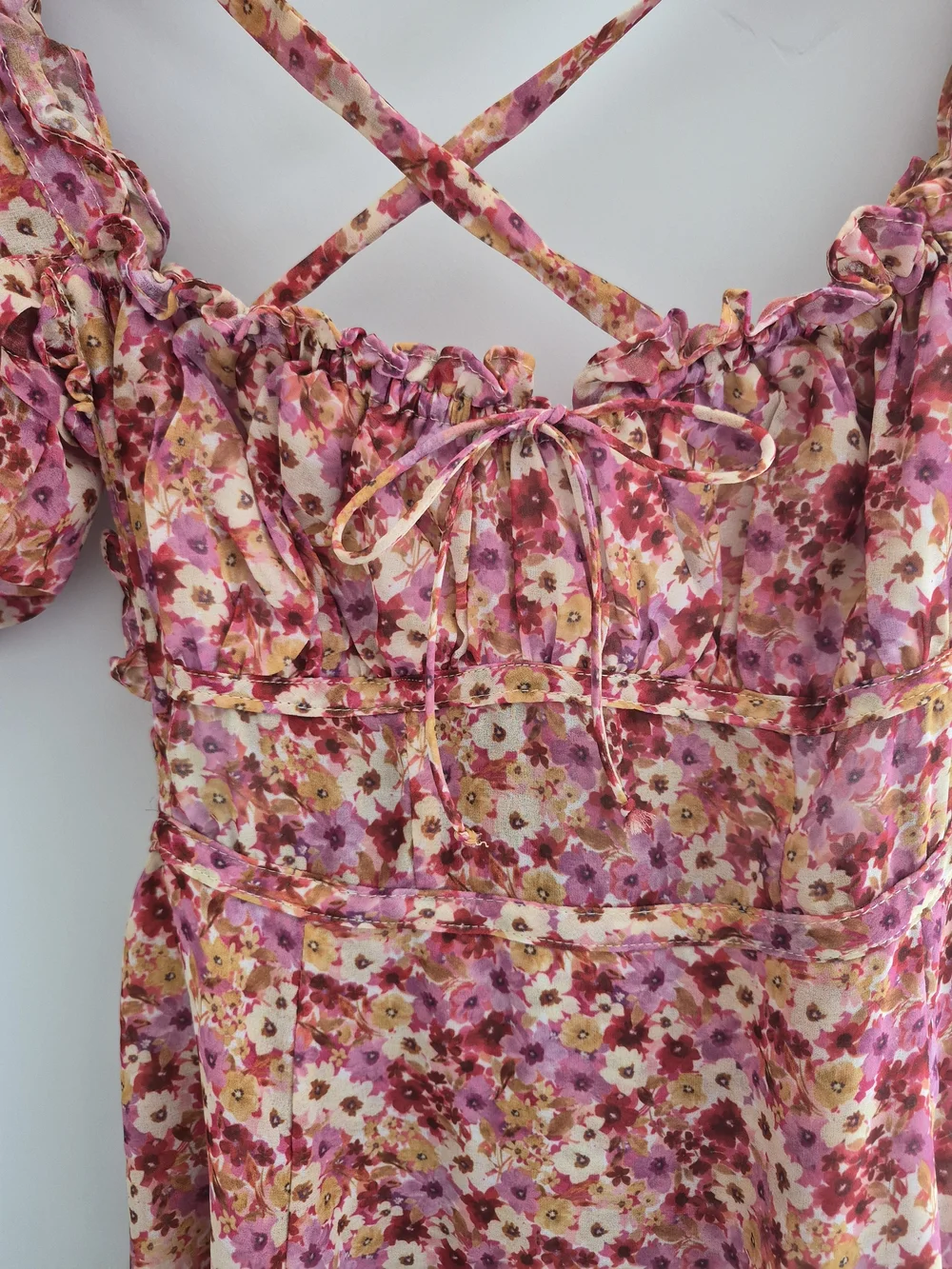 For Love & Lemons Felicia Pink Floral Puff Sleeve Midi Dress Slit Size Small S